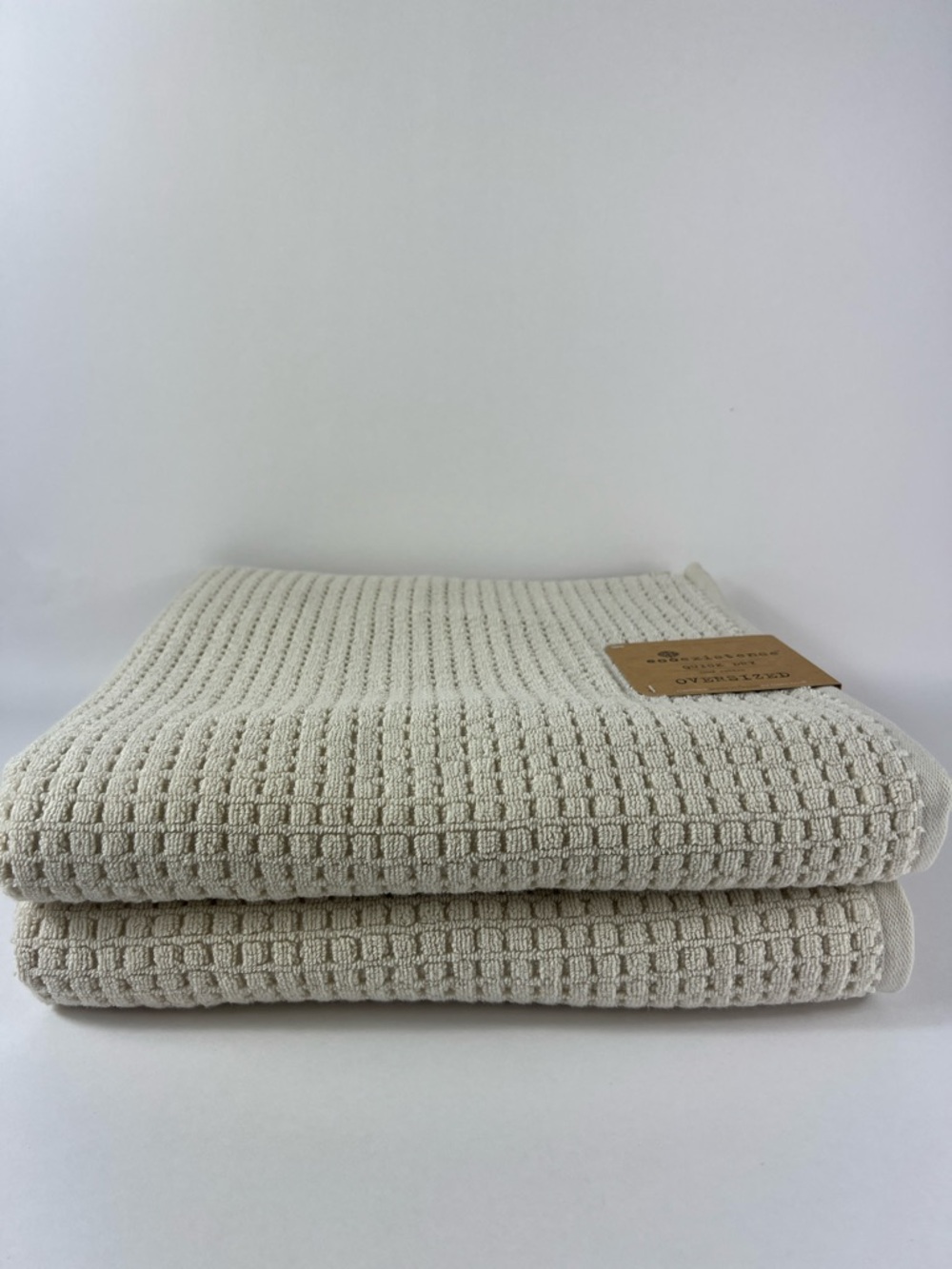 Ecoexistence Oversized Bath Towel Set Tan Waffle Cotton Quick Dry Set of 2 NEW
